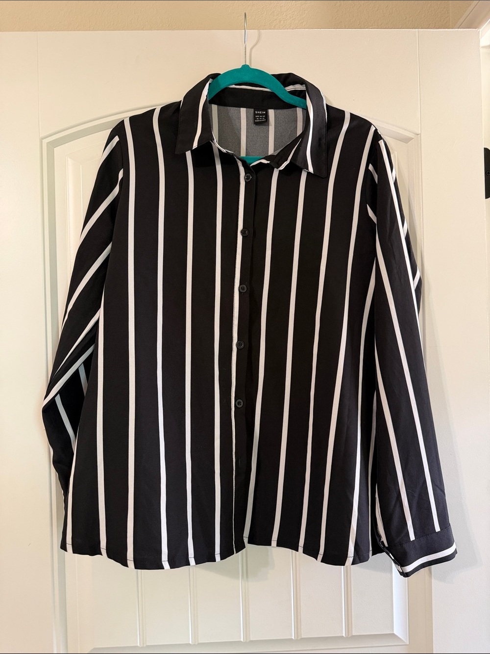 SHEIN Black and White Vertical Stripe Button Down Shirt